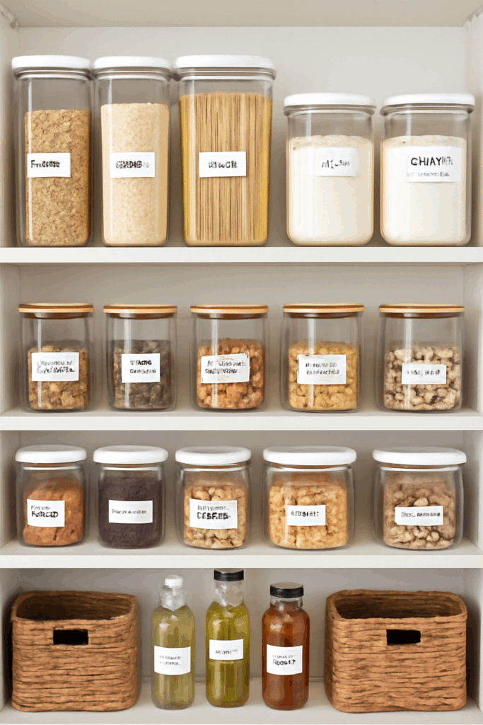 Color-coded pantry with labels]