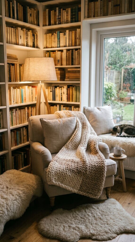 Cozy reading nook with blanket