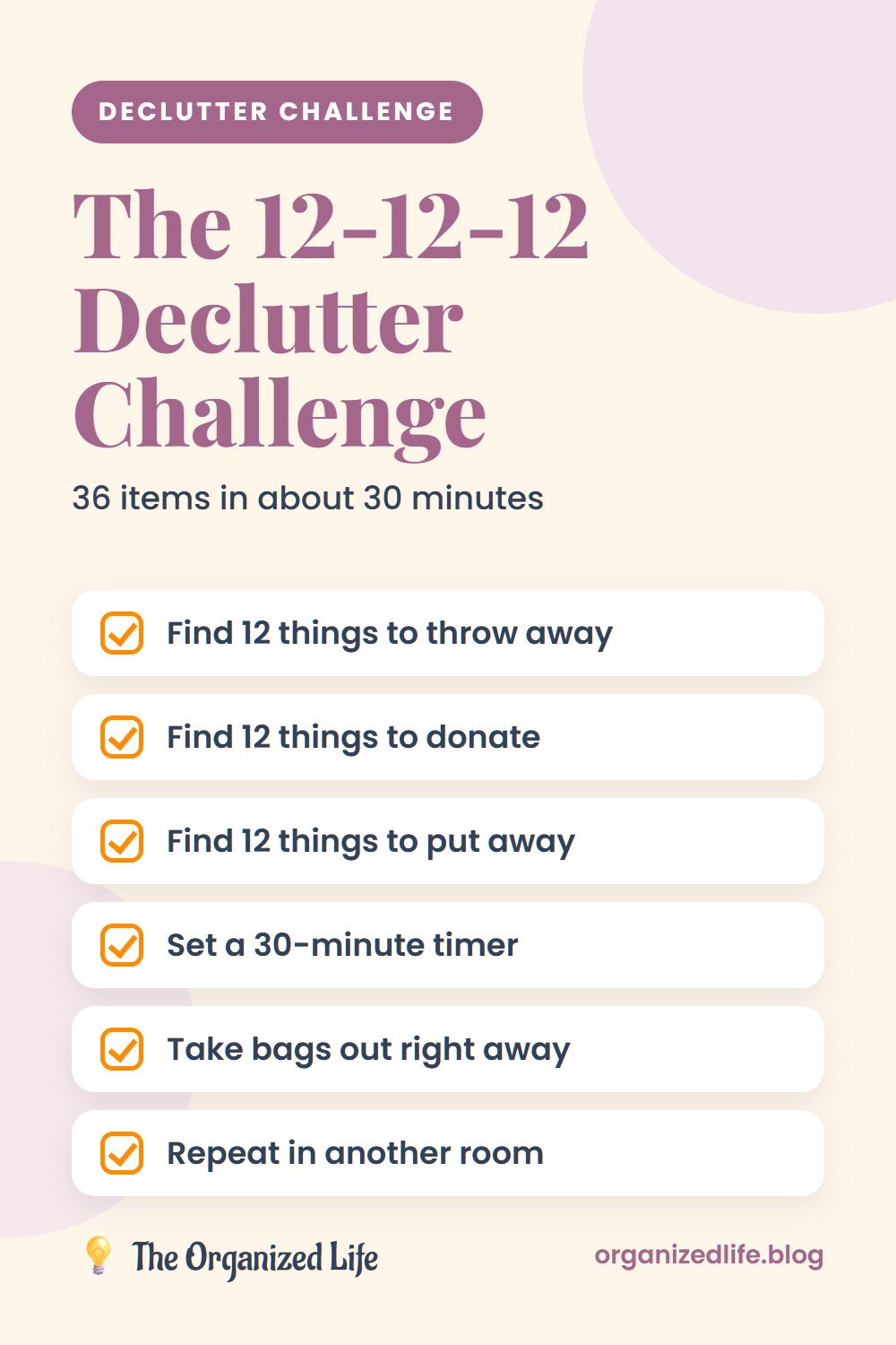 Six-step 12-12-12 declutter challenge checklist on a cream background