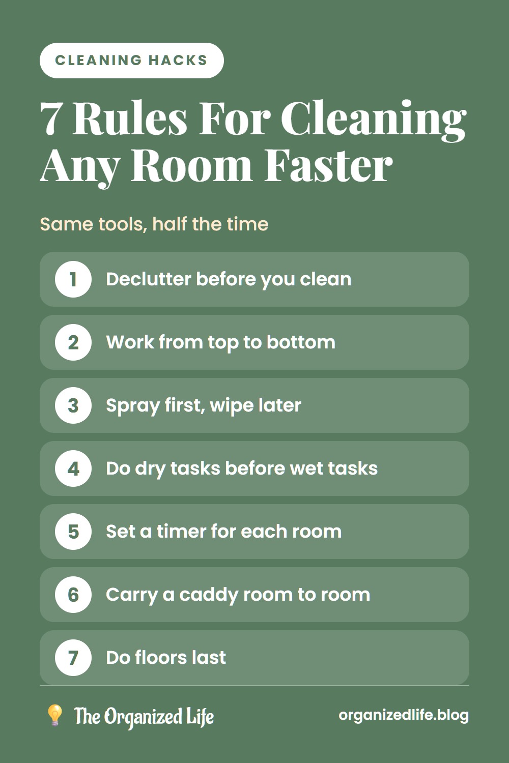 Numbered list of seven rules for cleaning any room faster on a green background