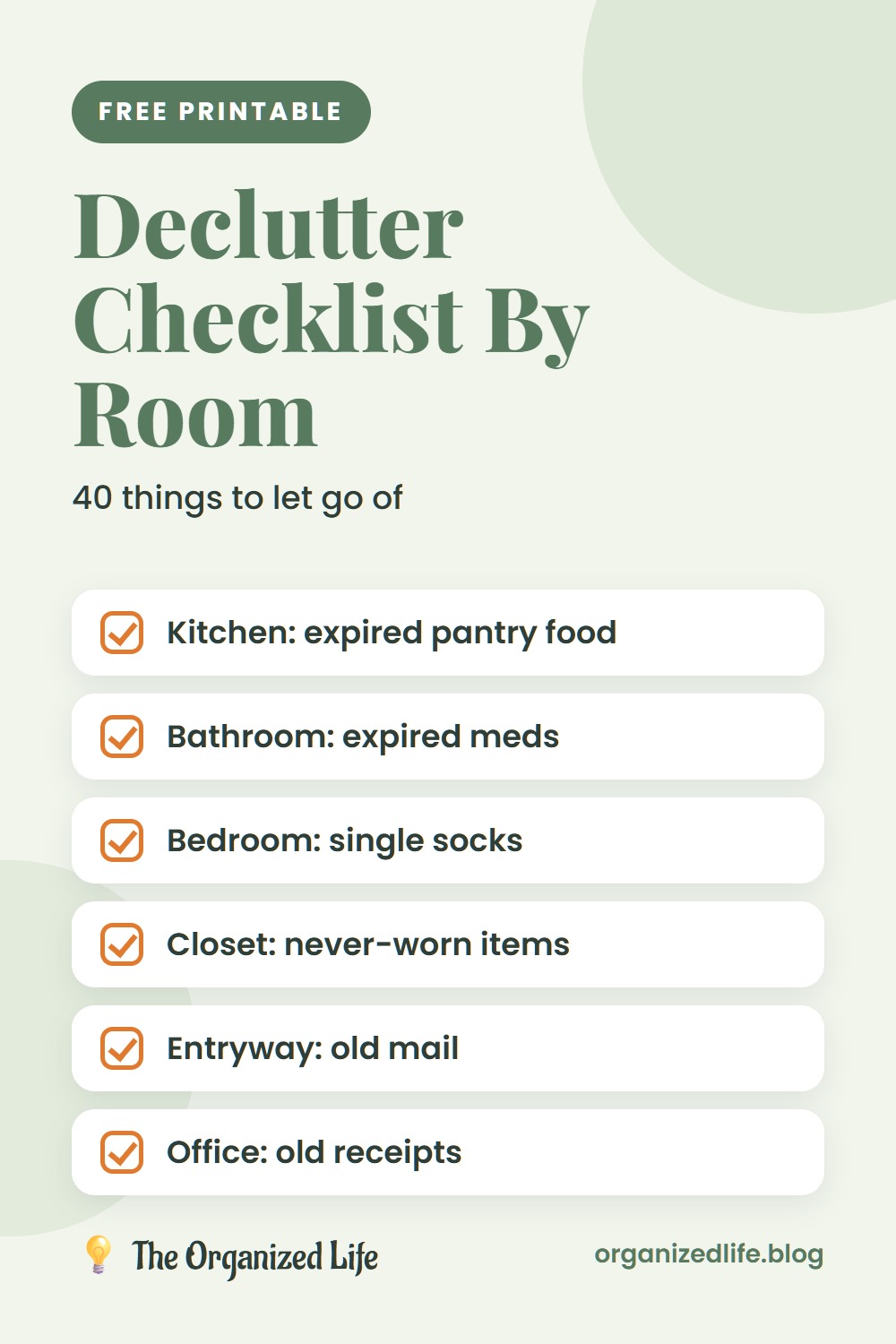 Declutter checklist by room with examples for kitchen, bathroom, bedroom, closet, entryway and office
