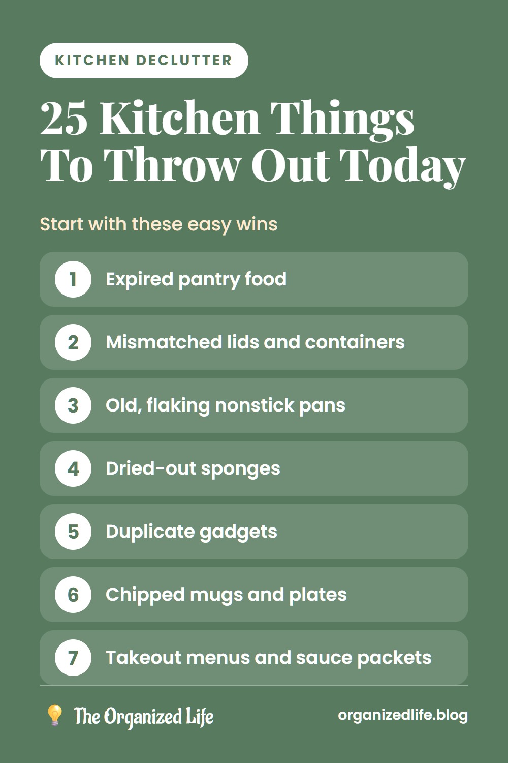 Numbered list of kitchen items to throw out when decluttering the kitchen