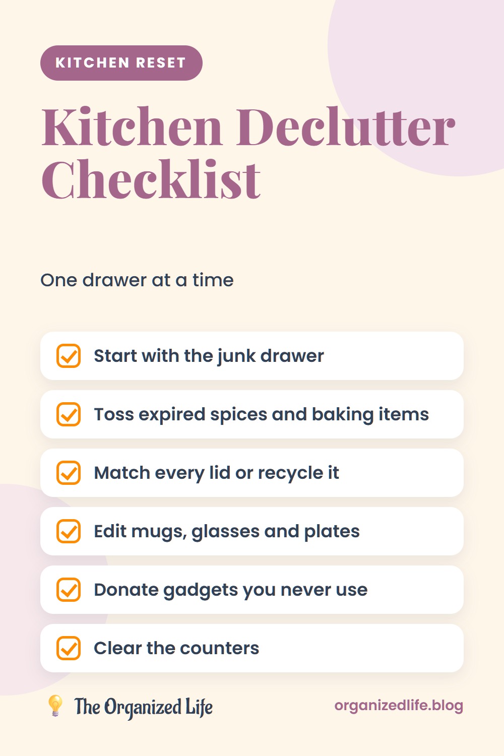 Six-step kitchen declutter checklist on a cream background
