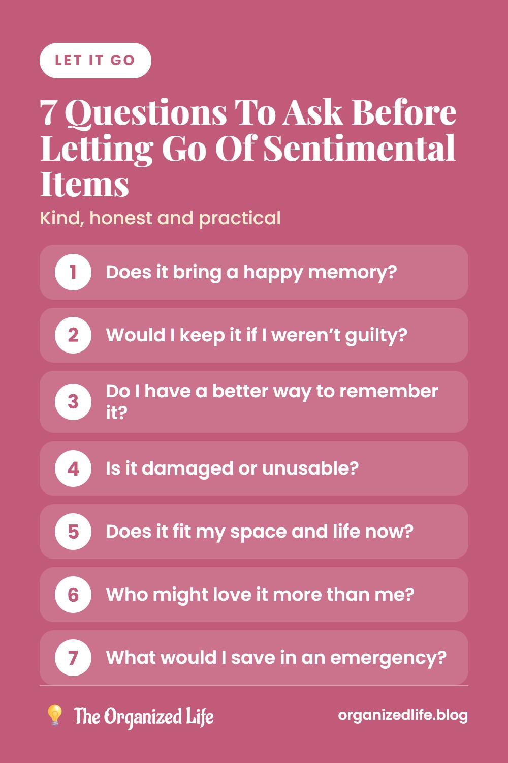 Numbered list of seven questions to ask before letting go of sentimental items