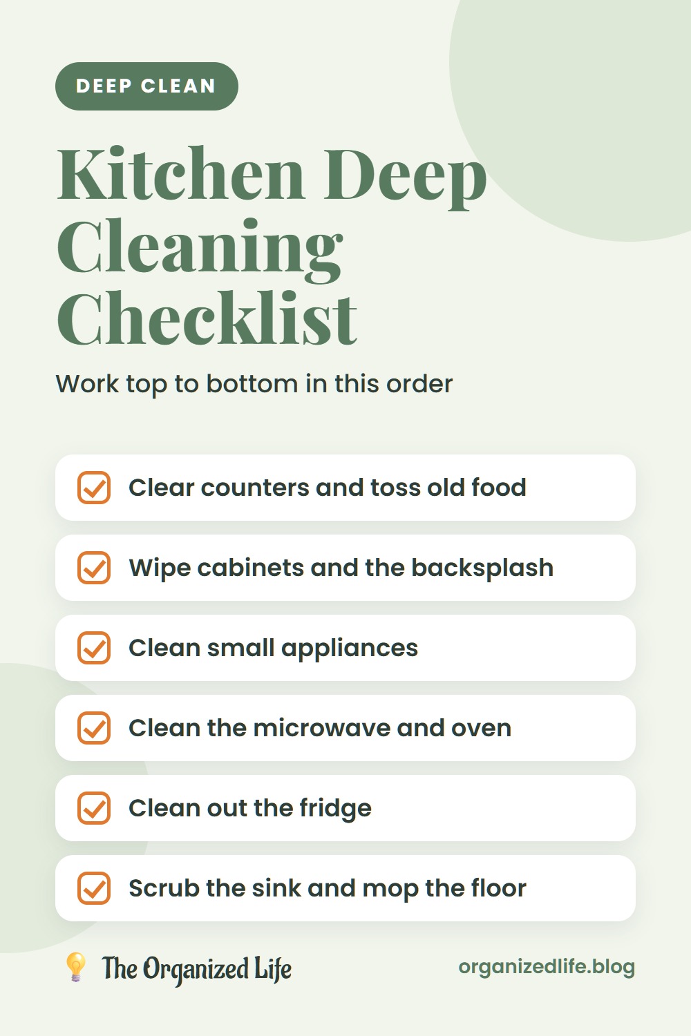 Six-step kitchen deep cleaning checklist on a light green background