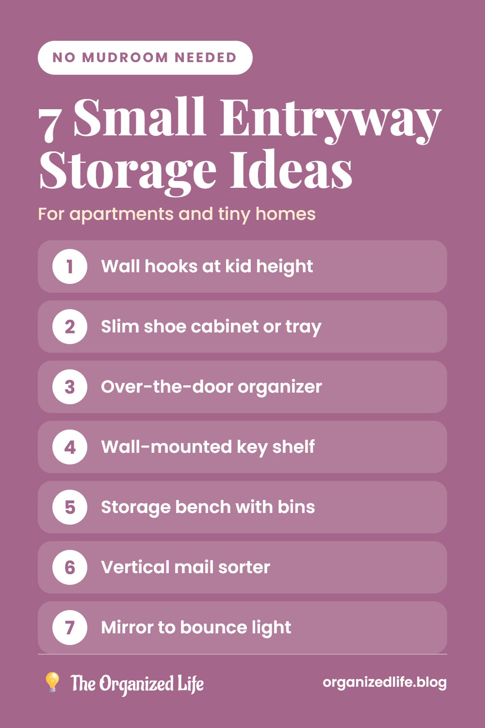 Numbered list of seven small entryway storage ideas on a plum background