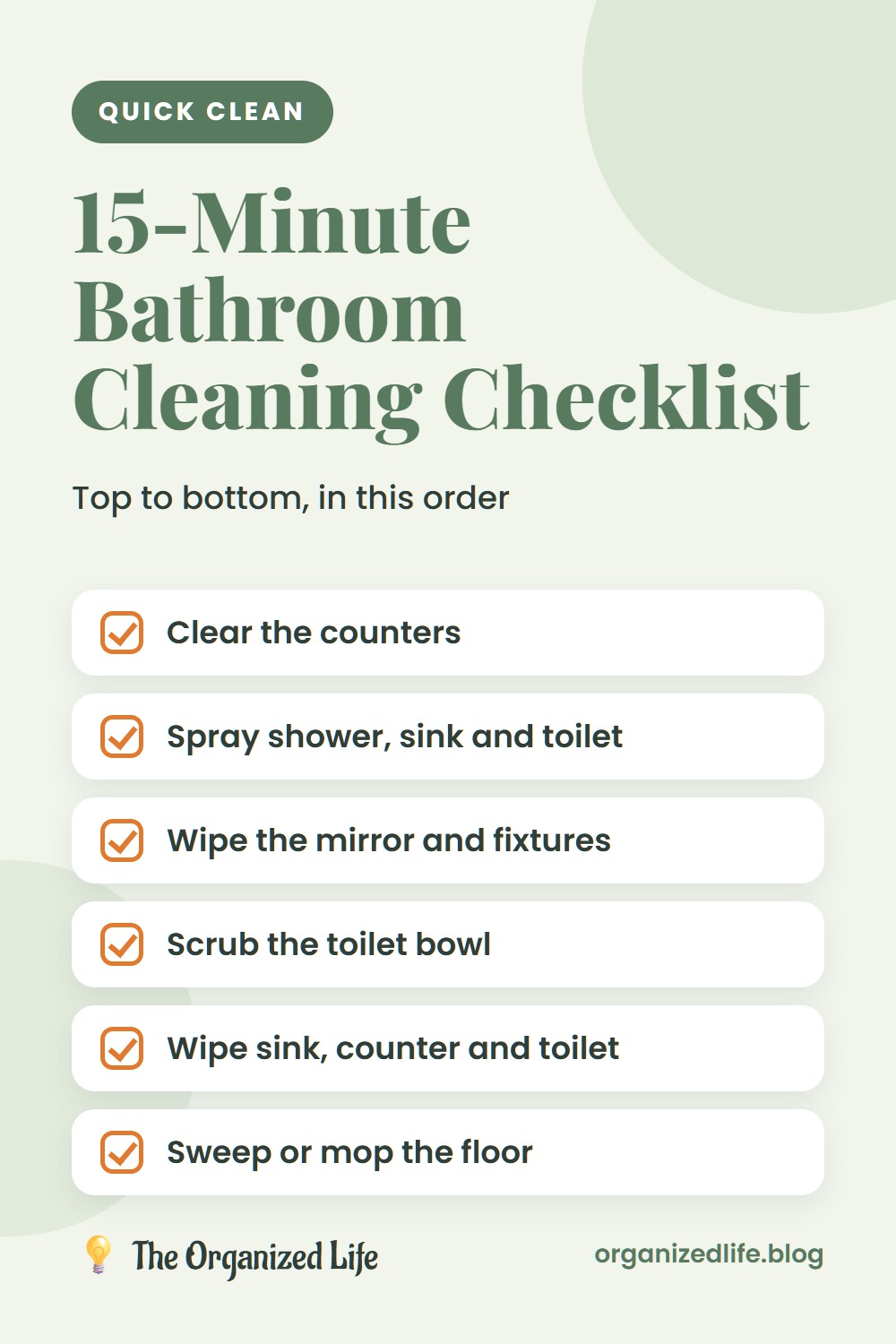 Six-step 15-minute bathroom cleaning checklist on a light green background
