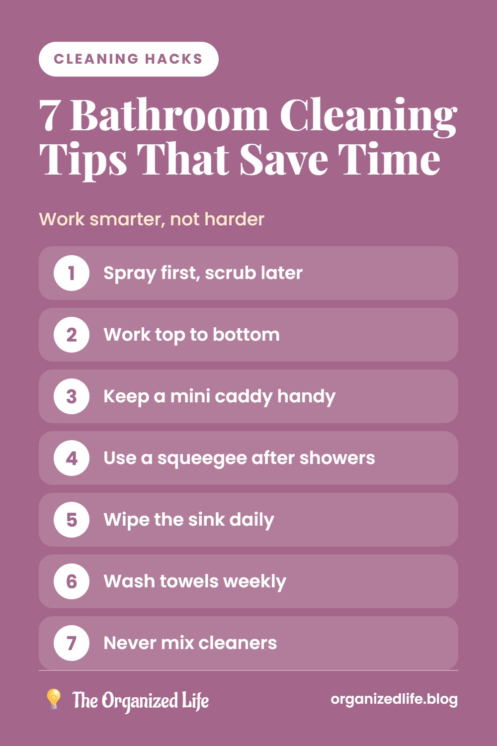 Numbered list of seven bathroom cleaning tips on a plum background