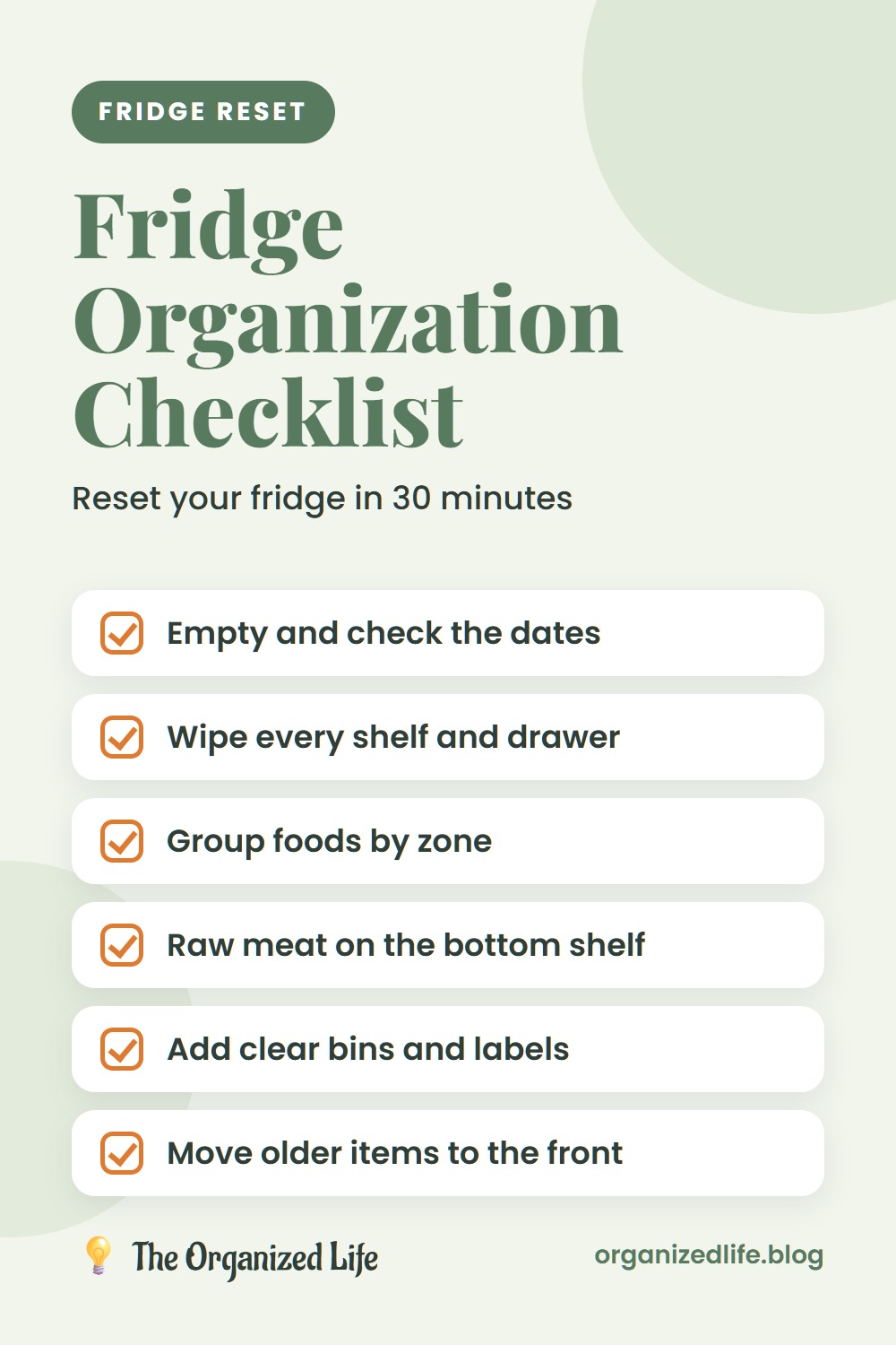 Six-step fridge organization checklist on a light green background