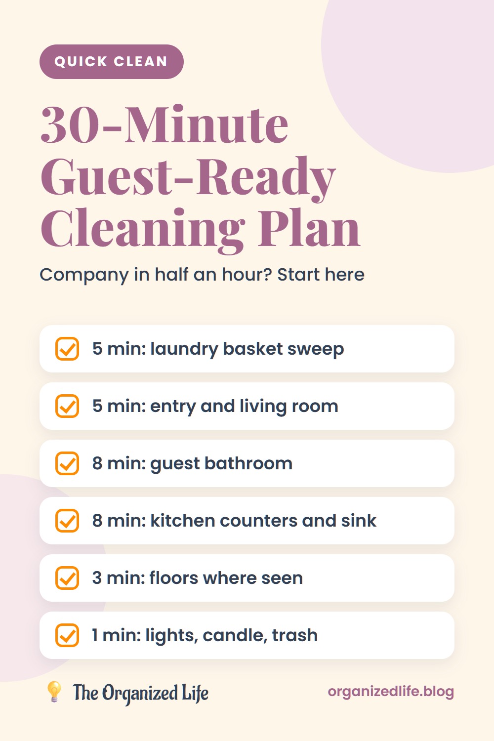 Guest-ready cleaning checklist with minute-by-minute tasks for a 30-minute clean