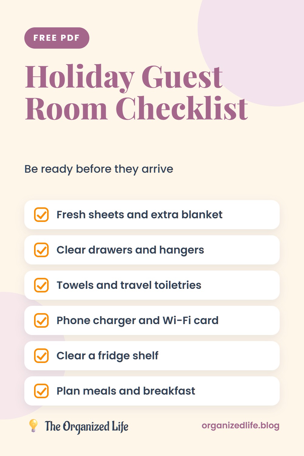 Holiday guest room checklist listing sheets, towels, chargers, a fridge shelf and meal planning