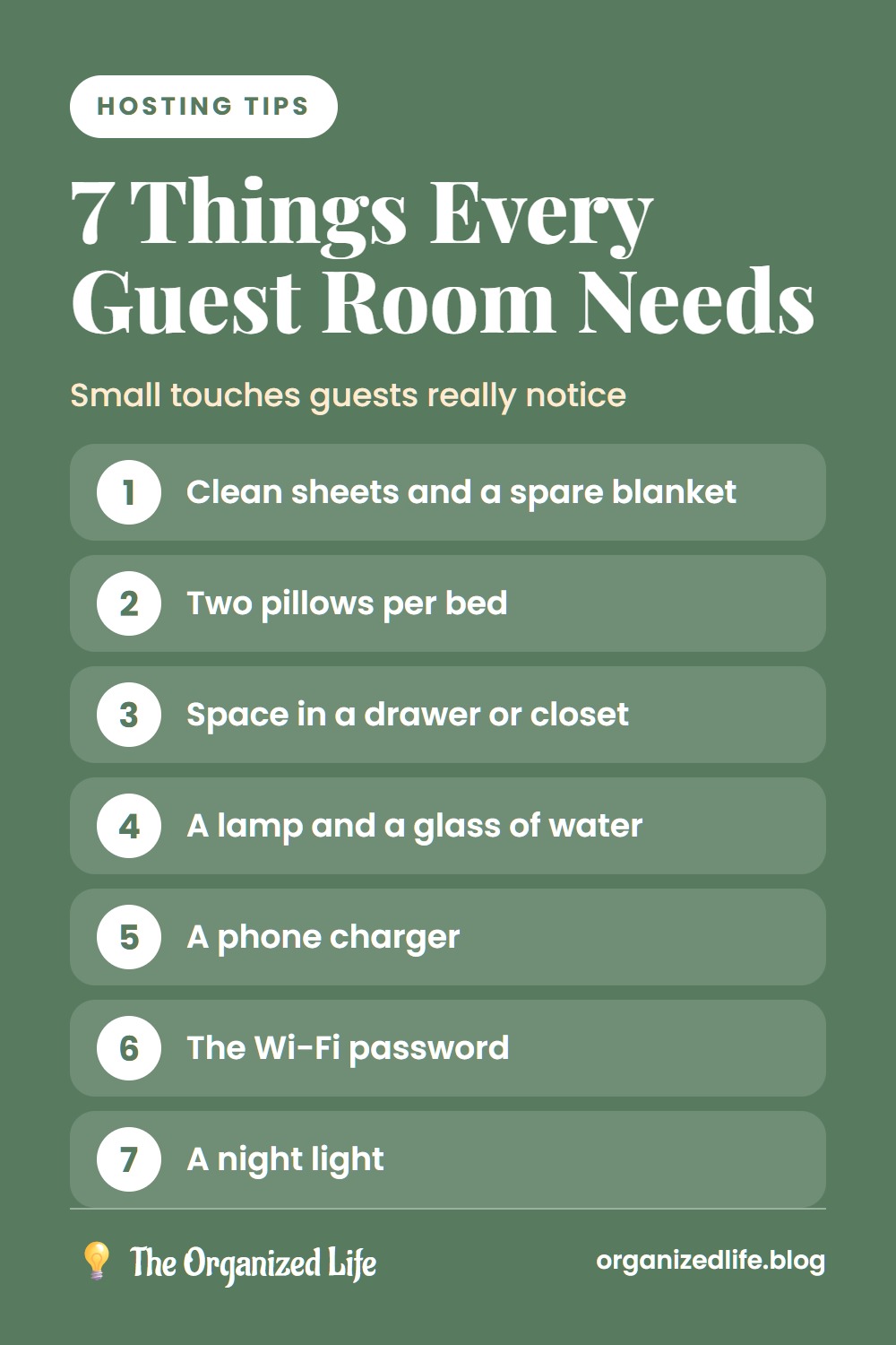 Numbered list of seven things every guest room needs on a green background