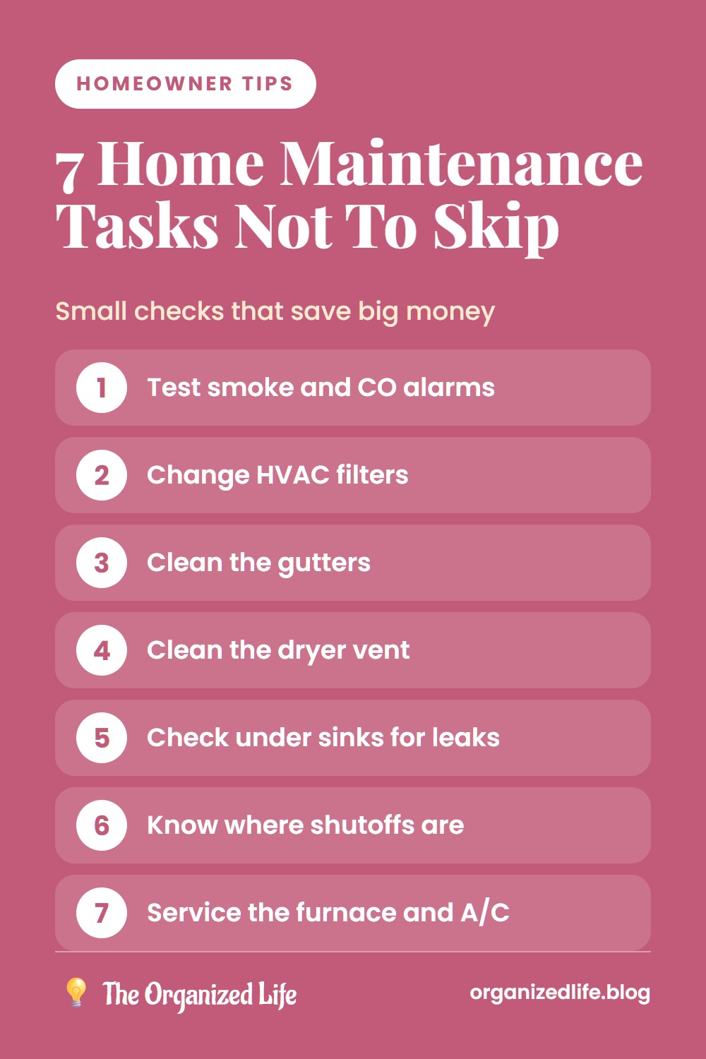 Numbered list of seven essential home maintenance tasks on a pink background