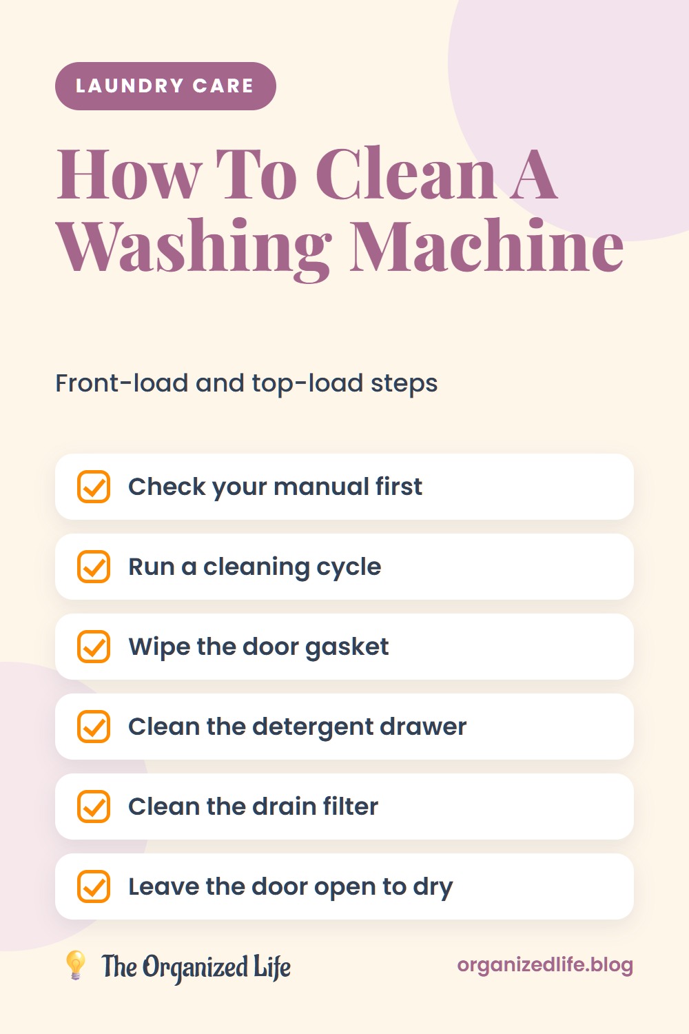 Six-step checklist to clean a washing machine on a cream background