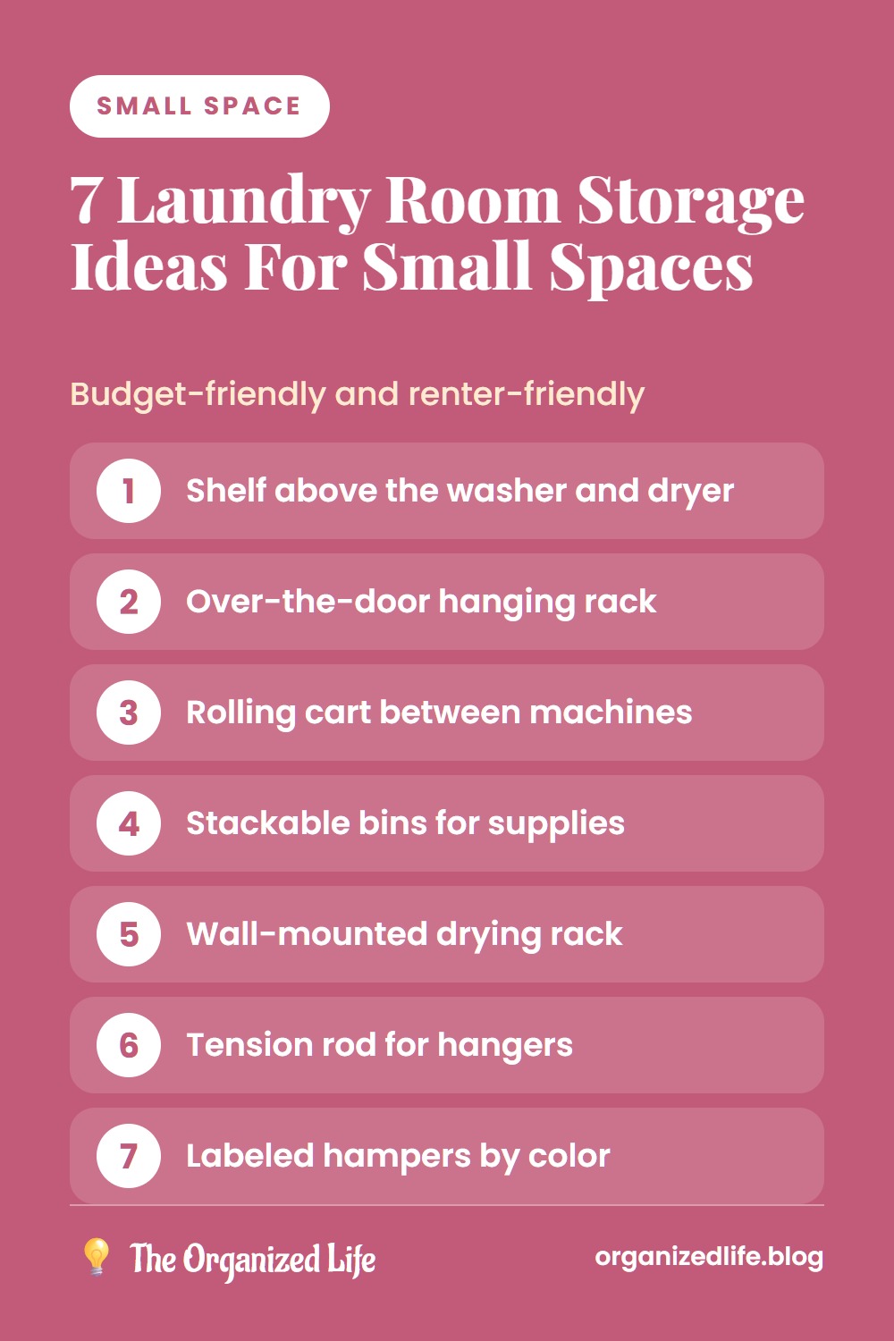 Numbered list of seven laundry room storage ideas on a pink background