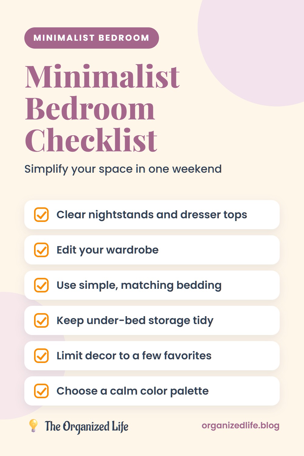 Six-step minimalist bedroom checklist on a cream background