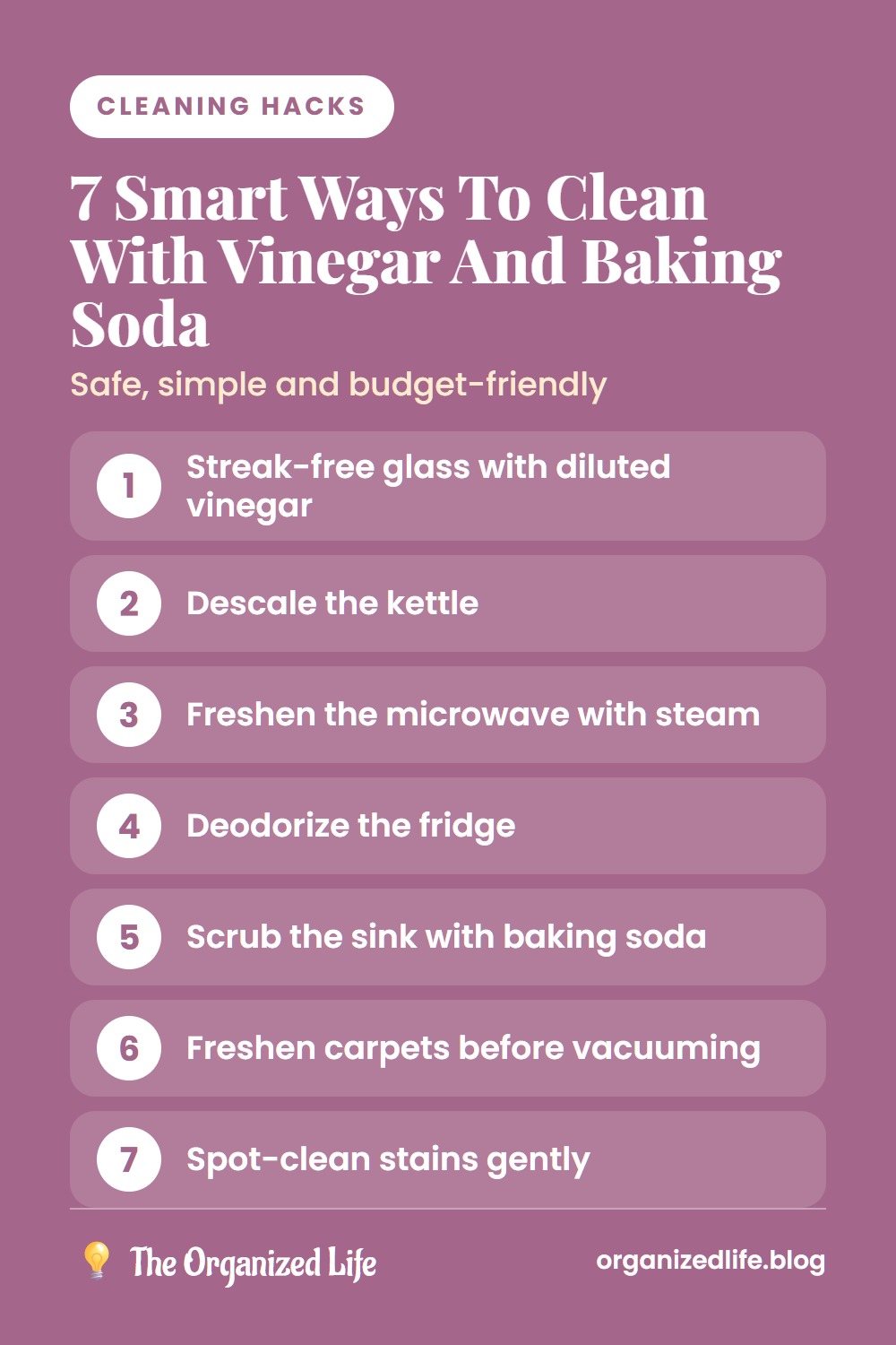 Numbered list of seven ways to clean with vinegar and baking soda
