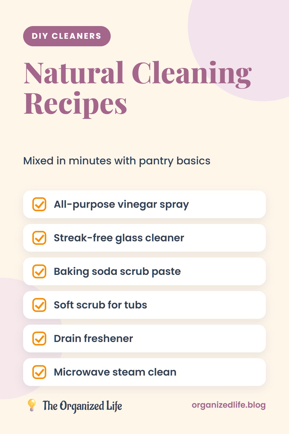 List of six natural cleaning recipes including vinegar spray, glass cleaner and baking soda scrub
