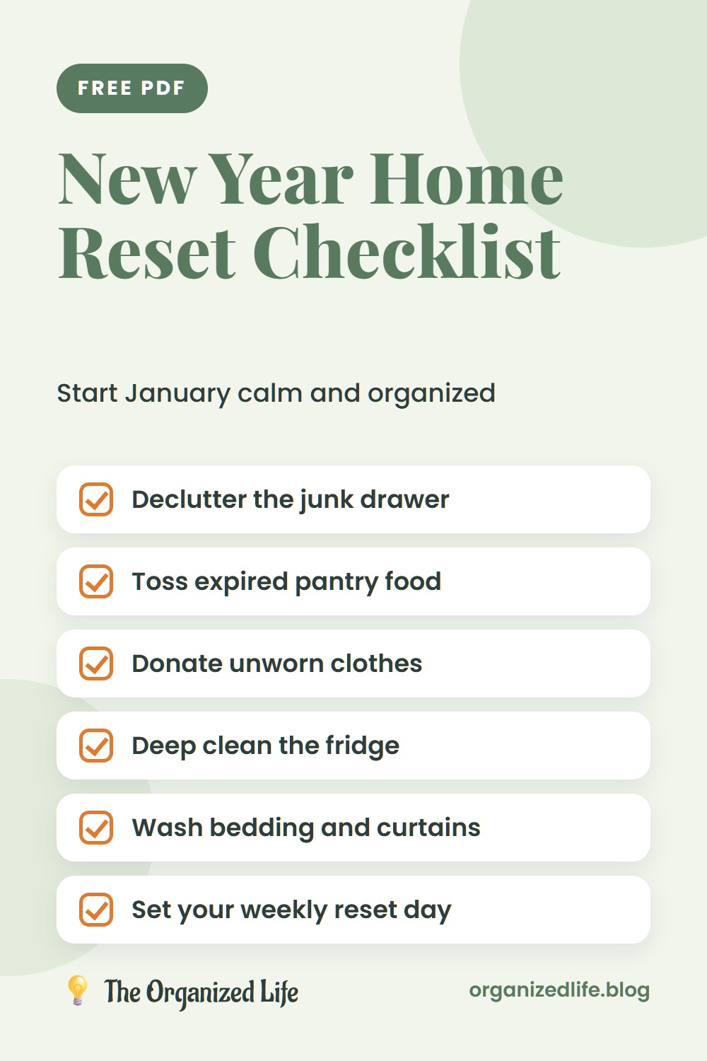 New year home reset checklist with six tasks including decluttering, cleaning the fridge and setting a reset day
