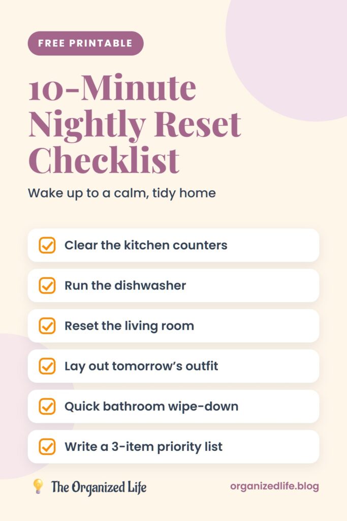 Printable nightly reset checklist with six tasks on a cream background