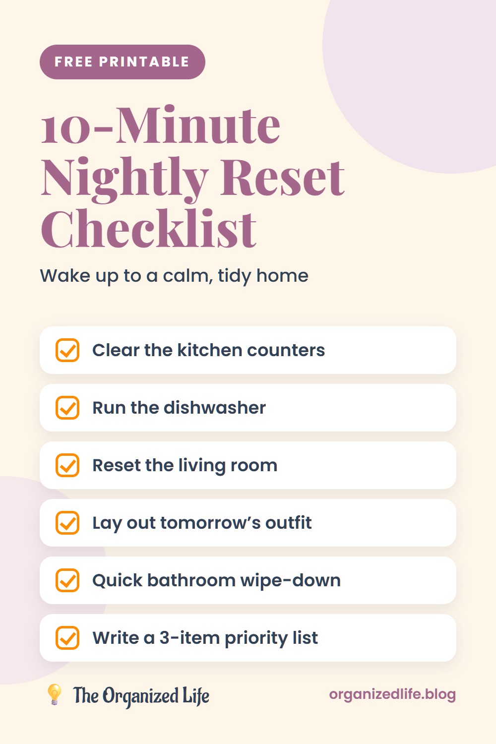 Printable nightly reset checklist with six tasks on a cream background