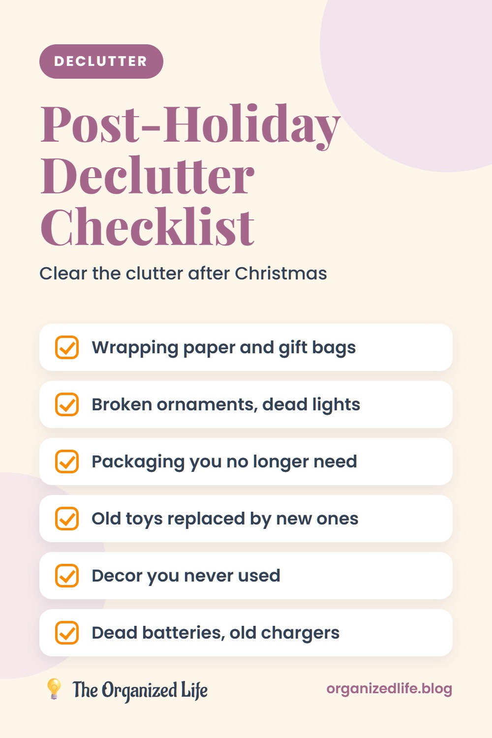 Post-holiday declutter checklist listing wrapping paper, broken ornaments, packaging, old toys and decor