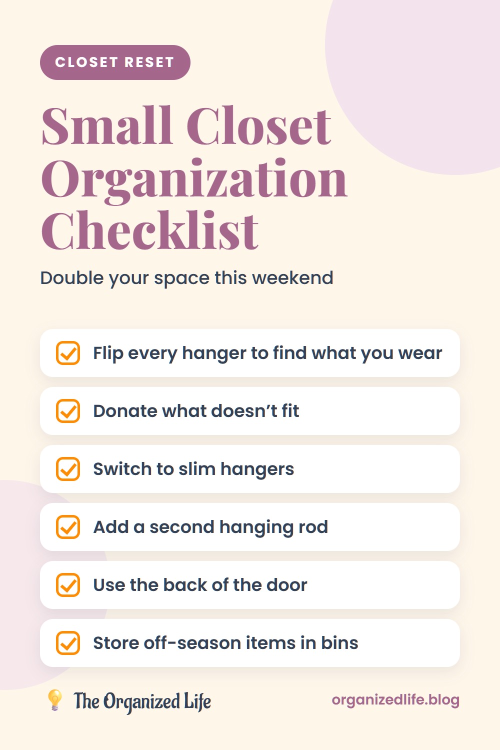 Six-step small closet organization checklist on a cream background