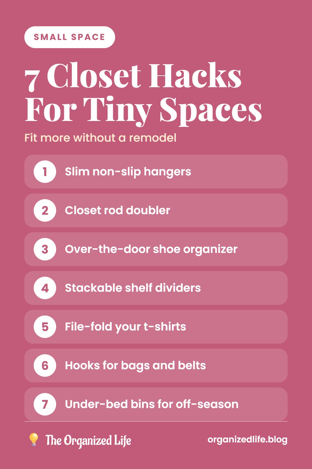Numbered list of seven closet hacks for tiny spaces on a pink background