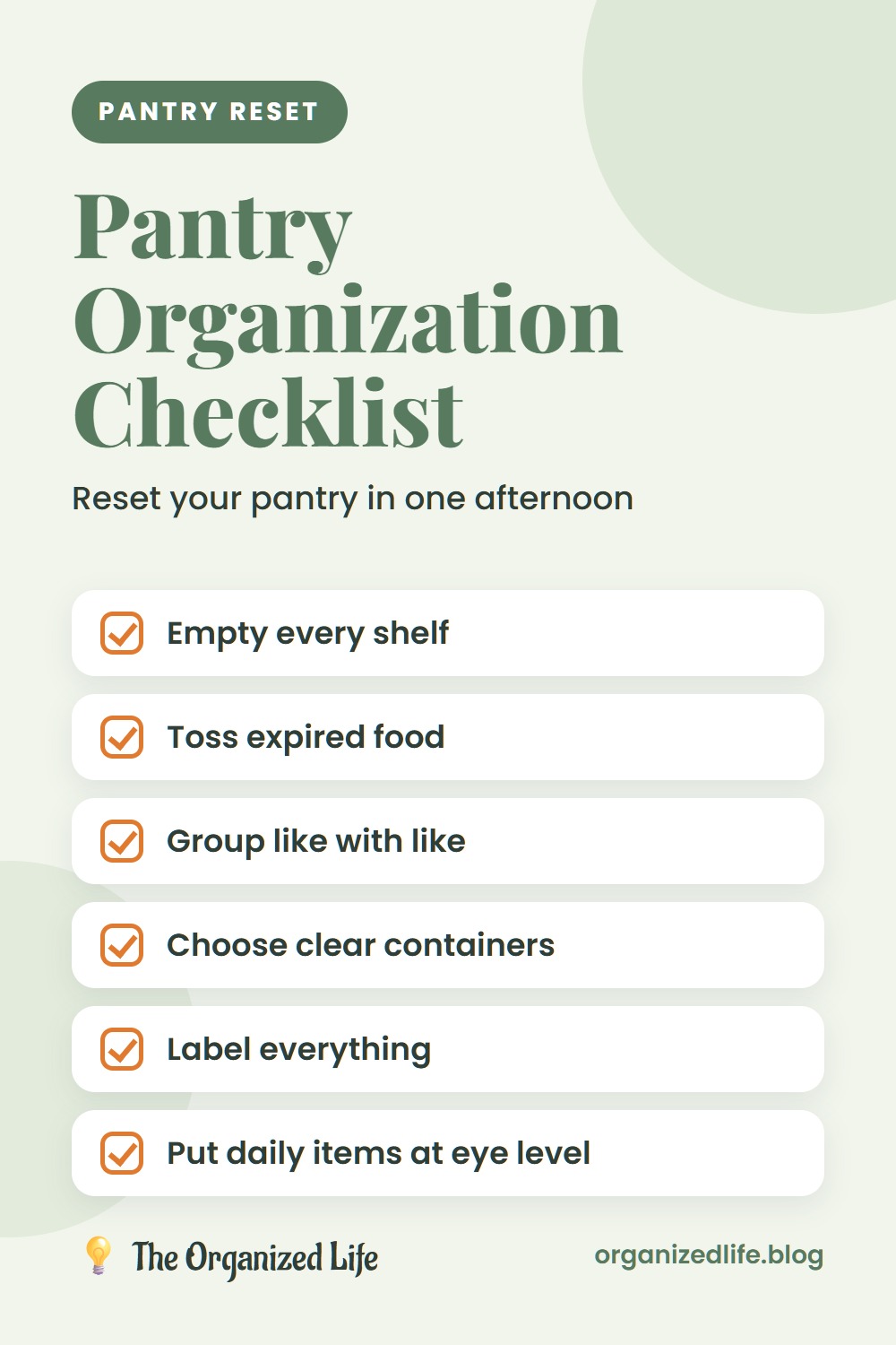 Six-step pantry organization checklist on a light green background