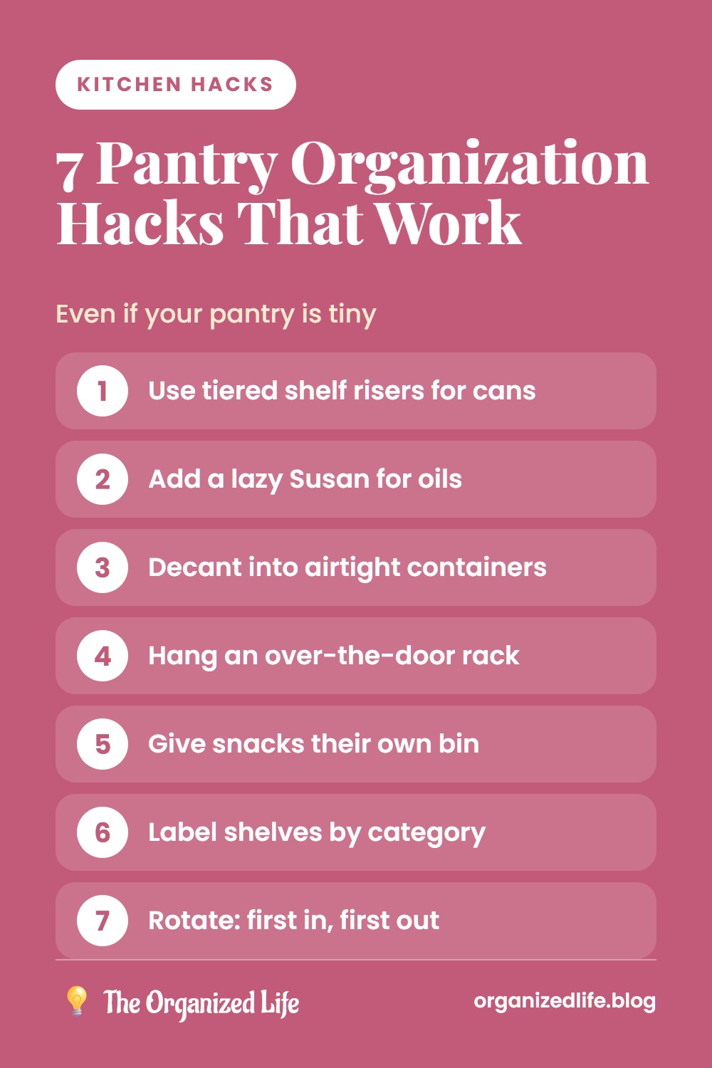 Numbered list of seven pantry organization hacks on a pink background