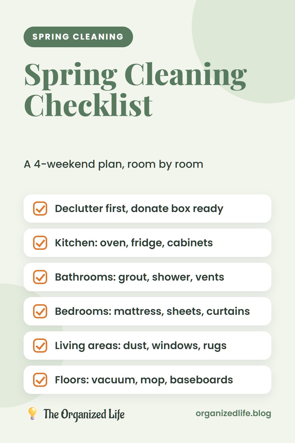 Spring cleaning checklist with six steps from decluttering to floors on a light green background