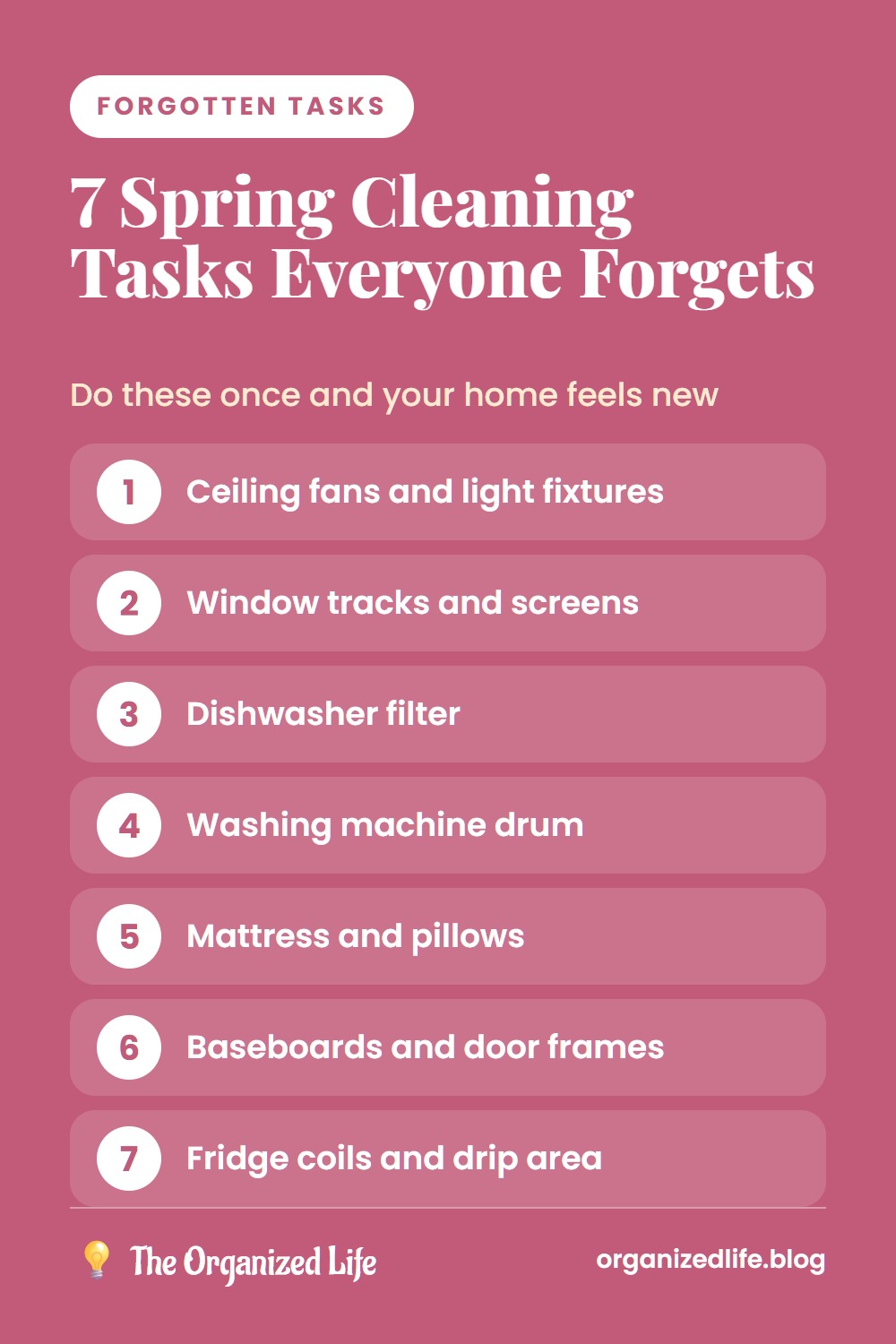 Numbered list of seven forgotten spring cleaning tasks on a pink background