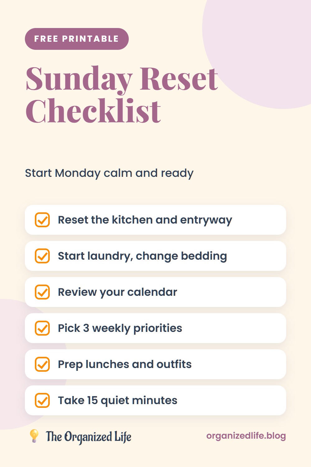 Sunday reset checklist with home, planning and prep tasks for the week ahead