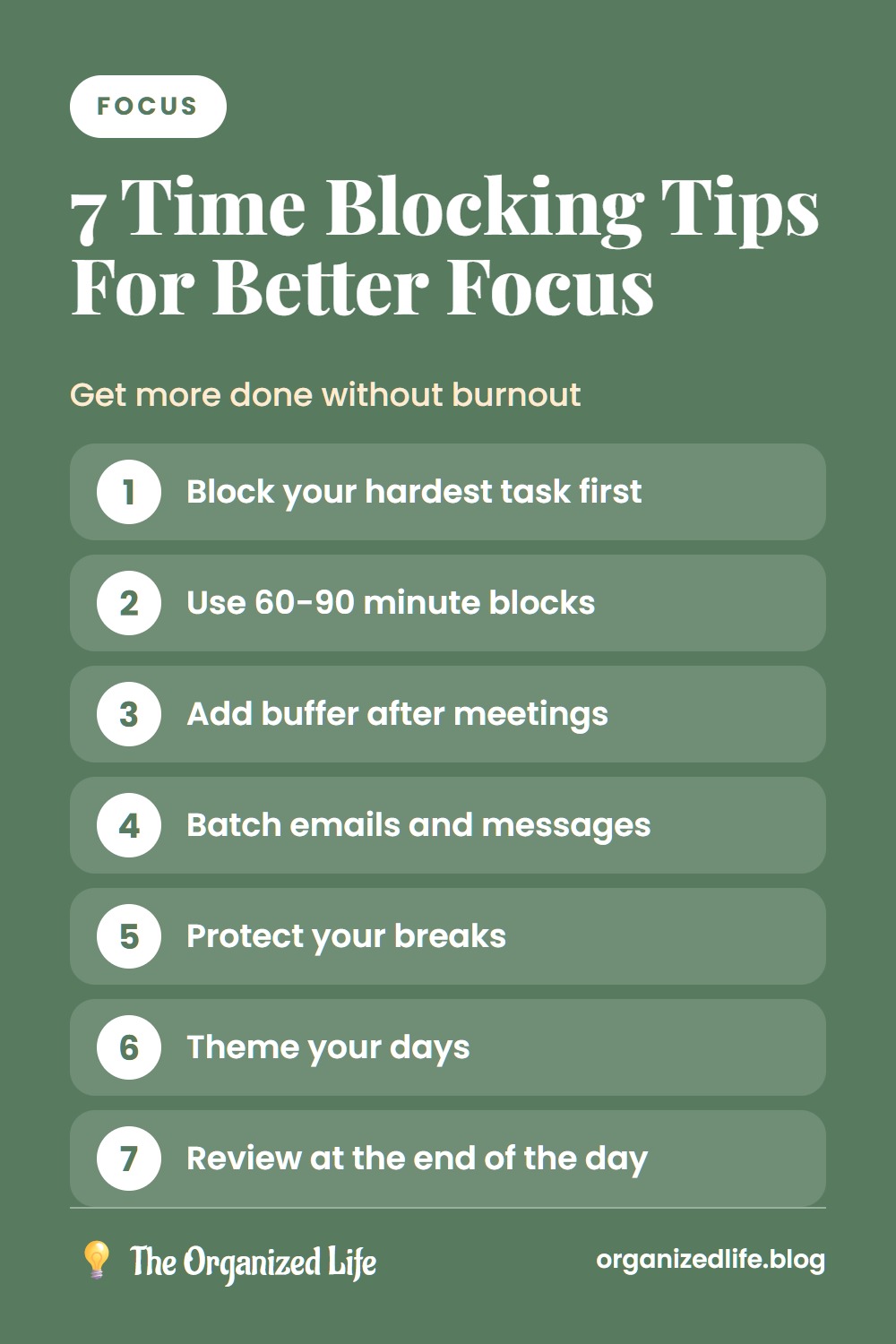 Numbered list of seven time blocking tips on a green background
