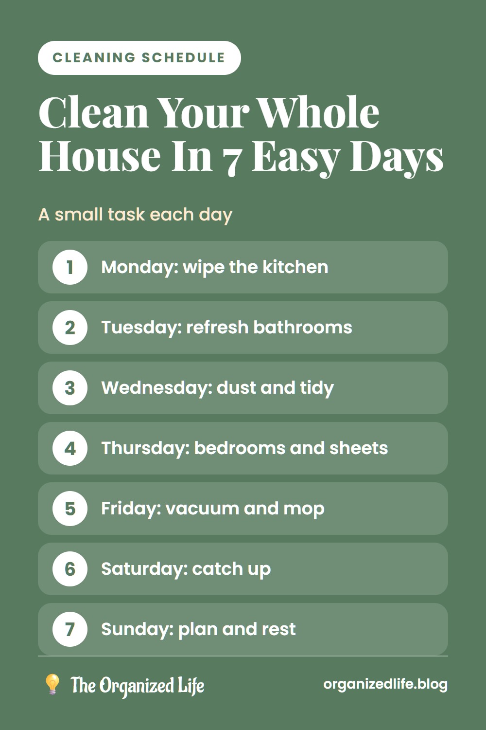 Numbered weekly cleaning schedule with one cleaning task for each day