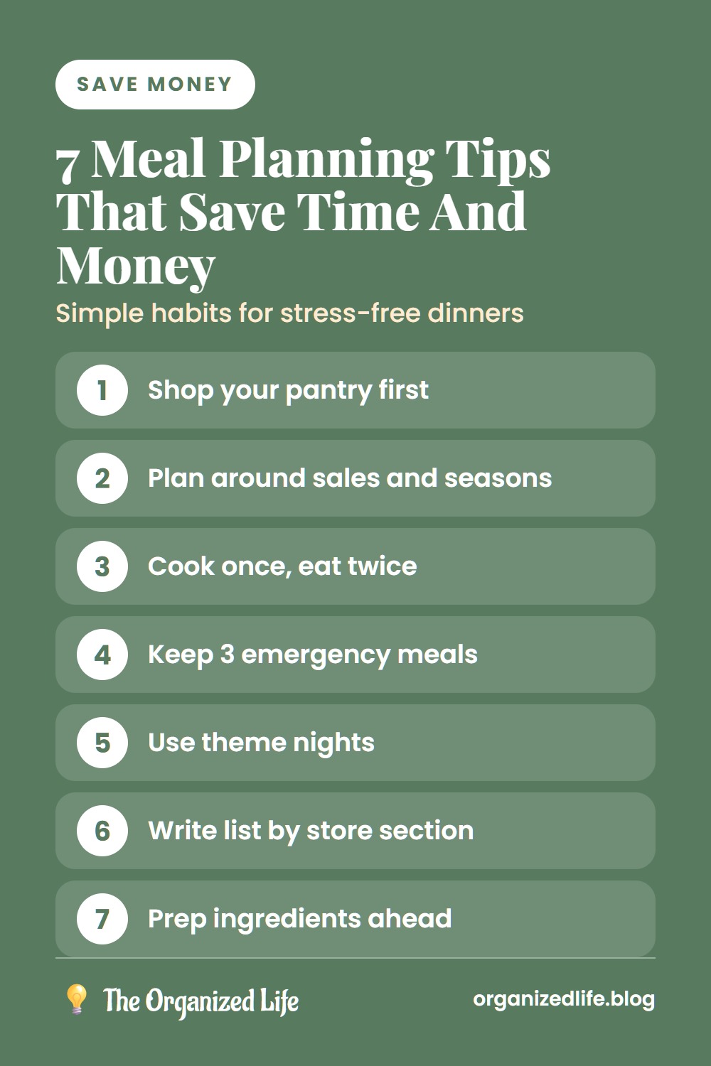 Numbered list of seven meal planning tips on a green background