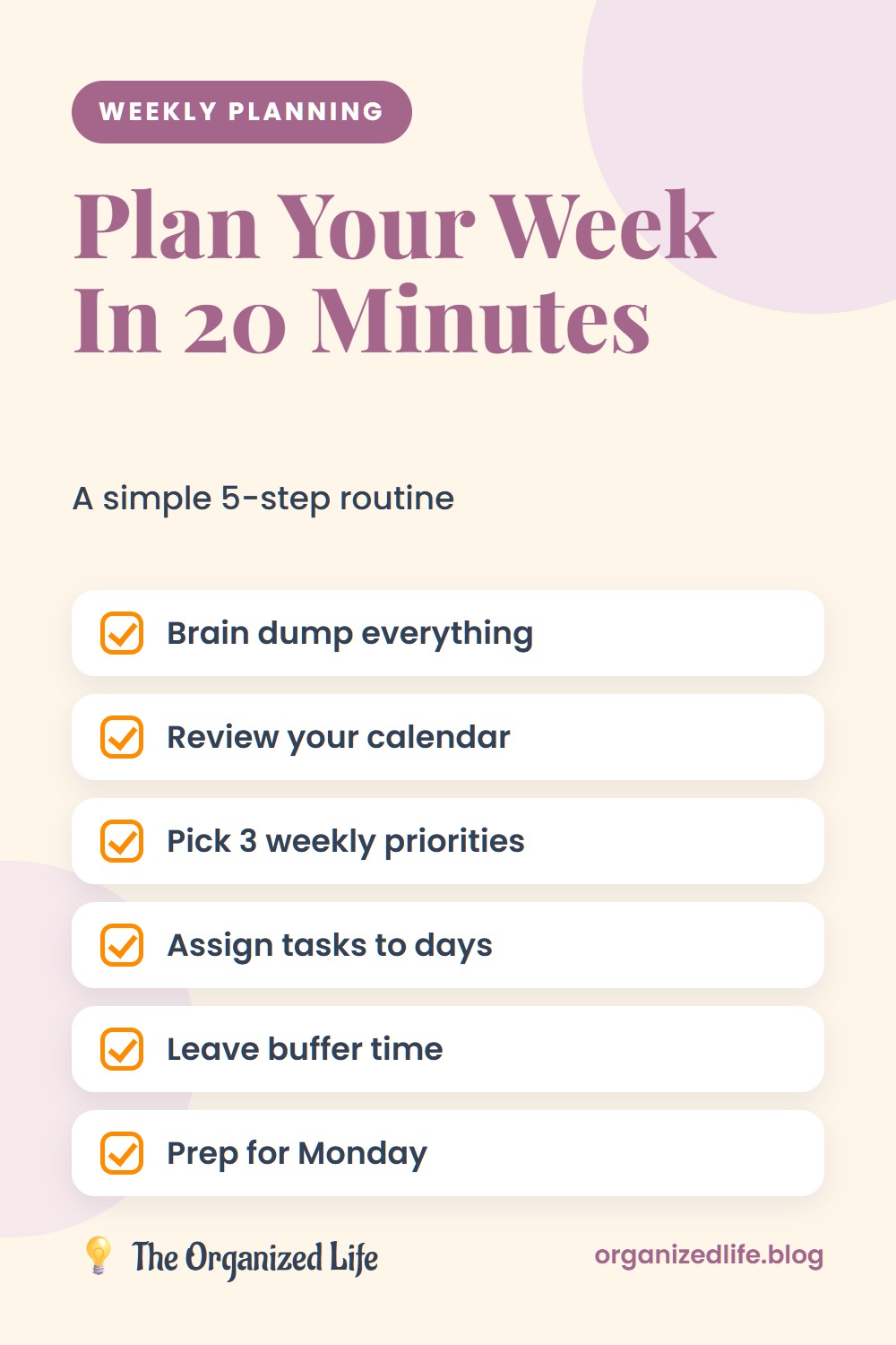 Six-step weekly planning checklist on a cream background