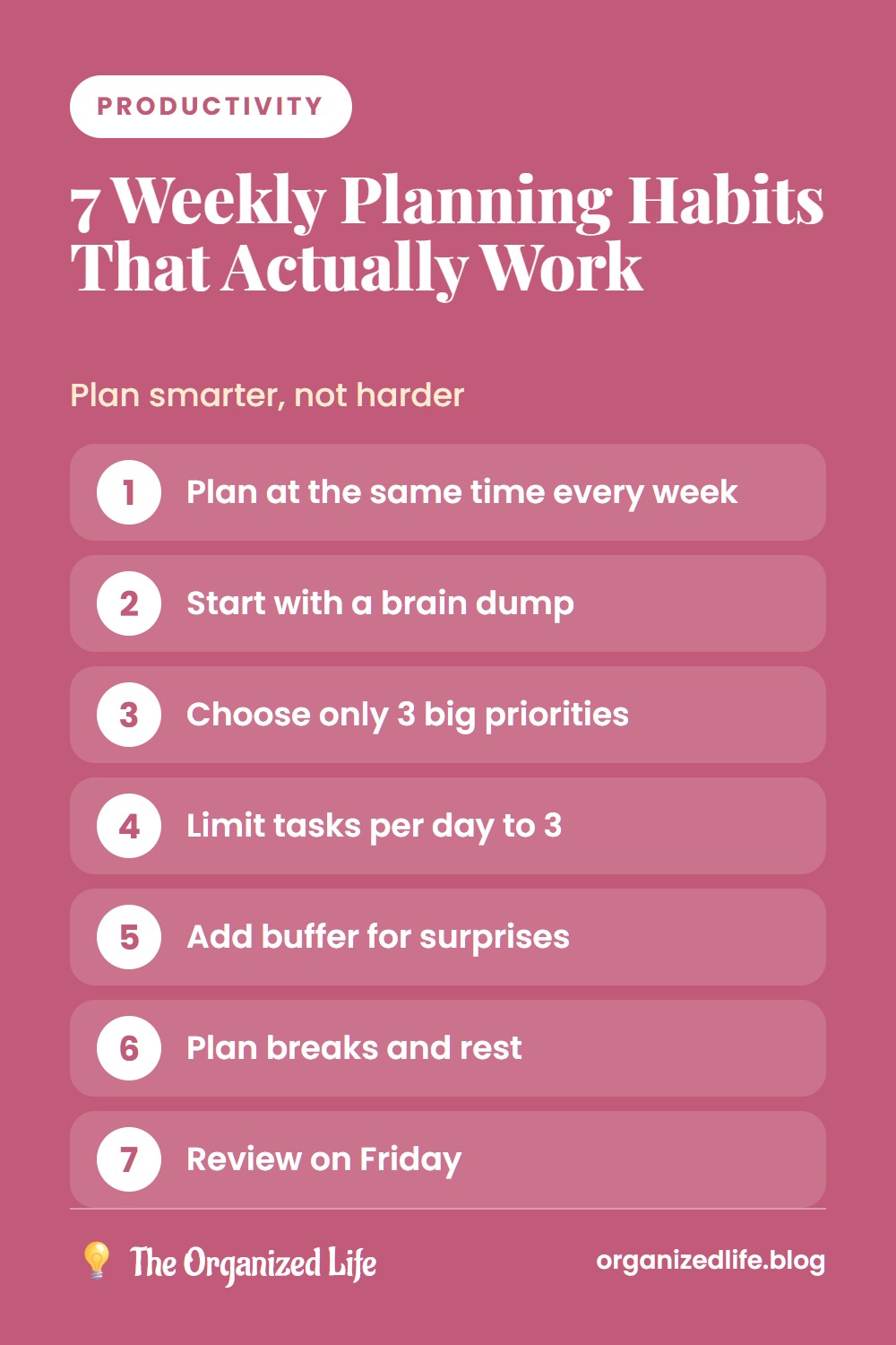 Numbered list of seven weekly planning habits on a pink background